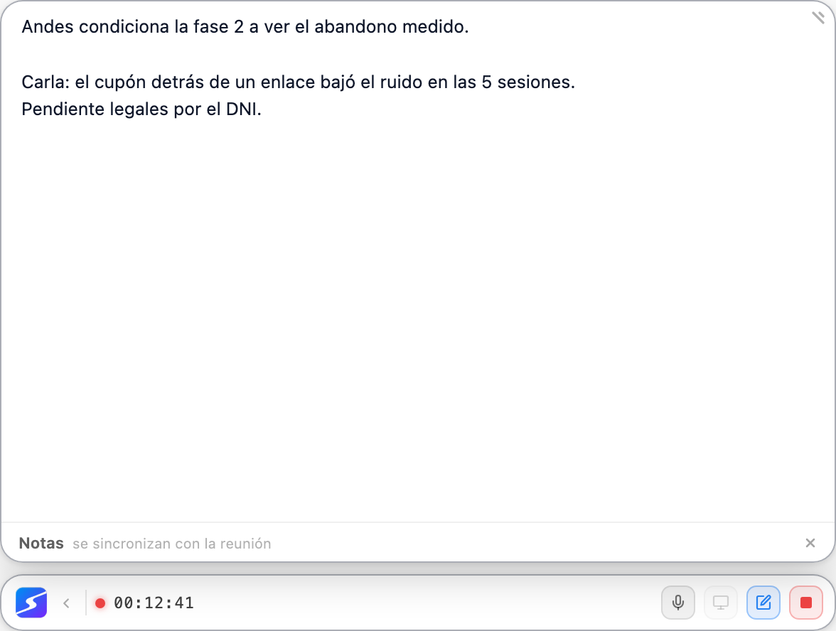The desktop app's floating pill, with the notes panel open