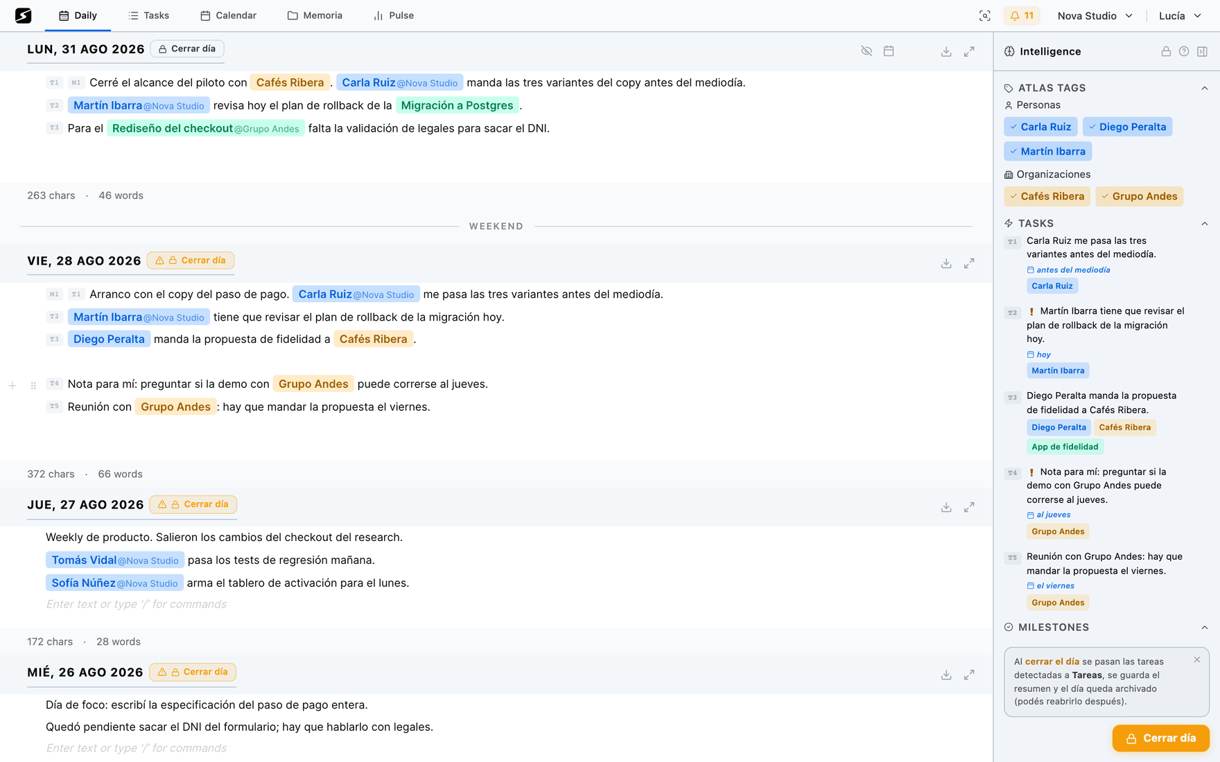 A workday in secondbrain, with tasks and people detected on the side