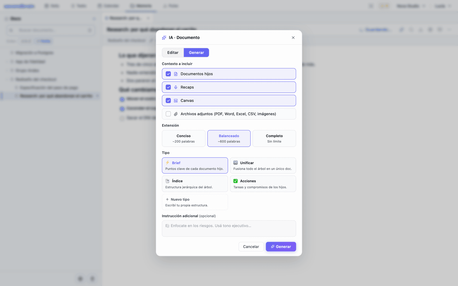 A document's AI generation panel