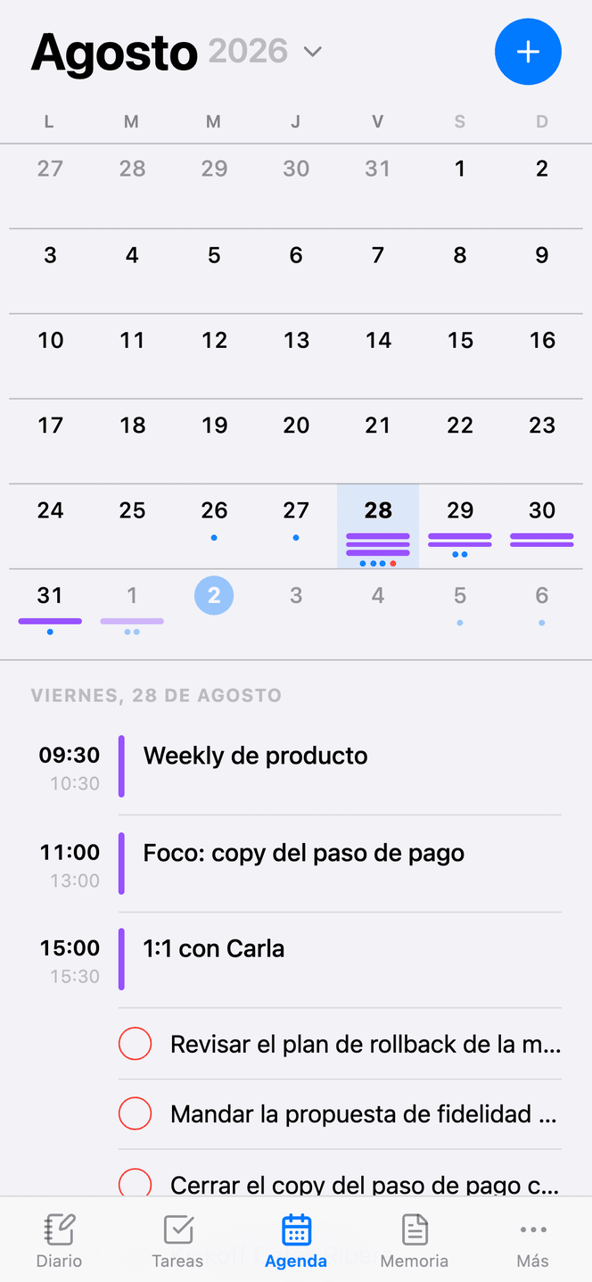 The phone calendar in month and week views