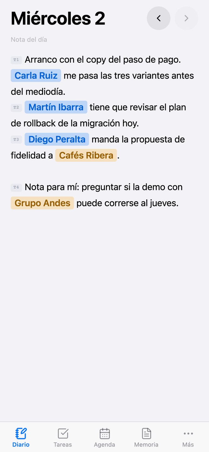 The Daily, Tasks and Memory screens on the phone