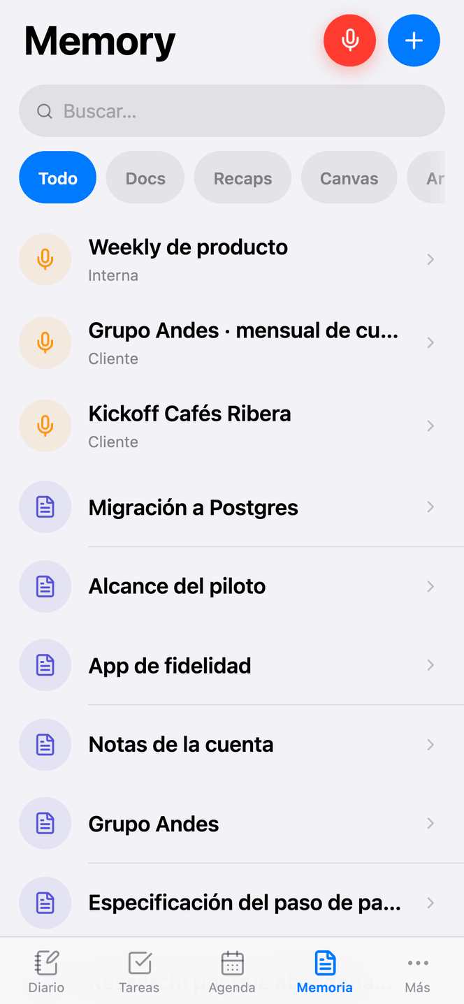 The Daily, Tasks and Memory screens on the phone
