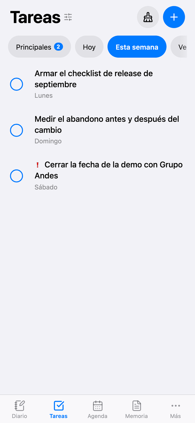 The Daily, Tasks and Memory screens on the phone