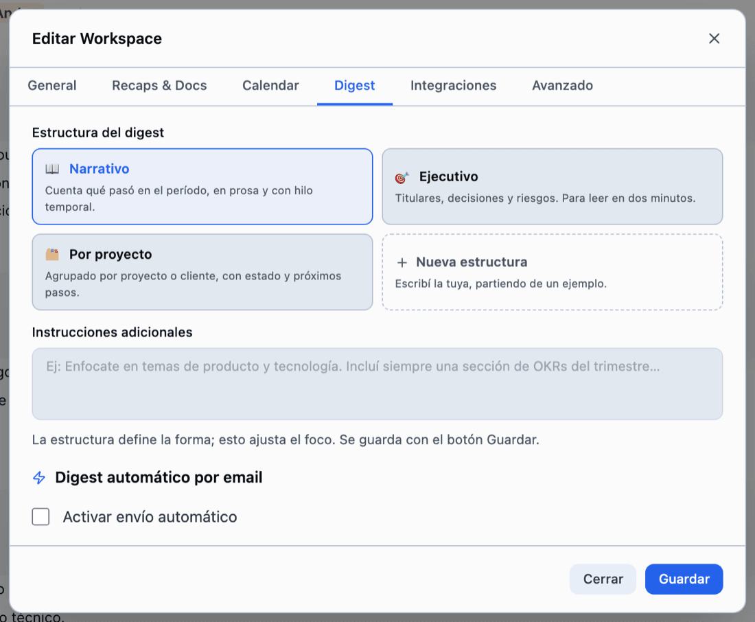 The Digest tab of the workspace settings