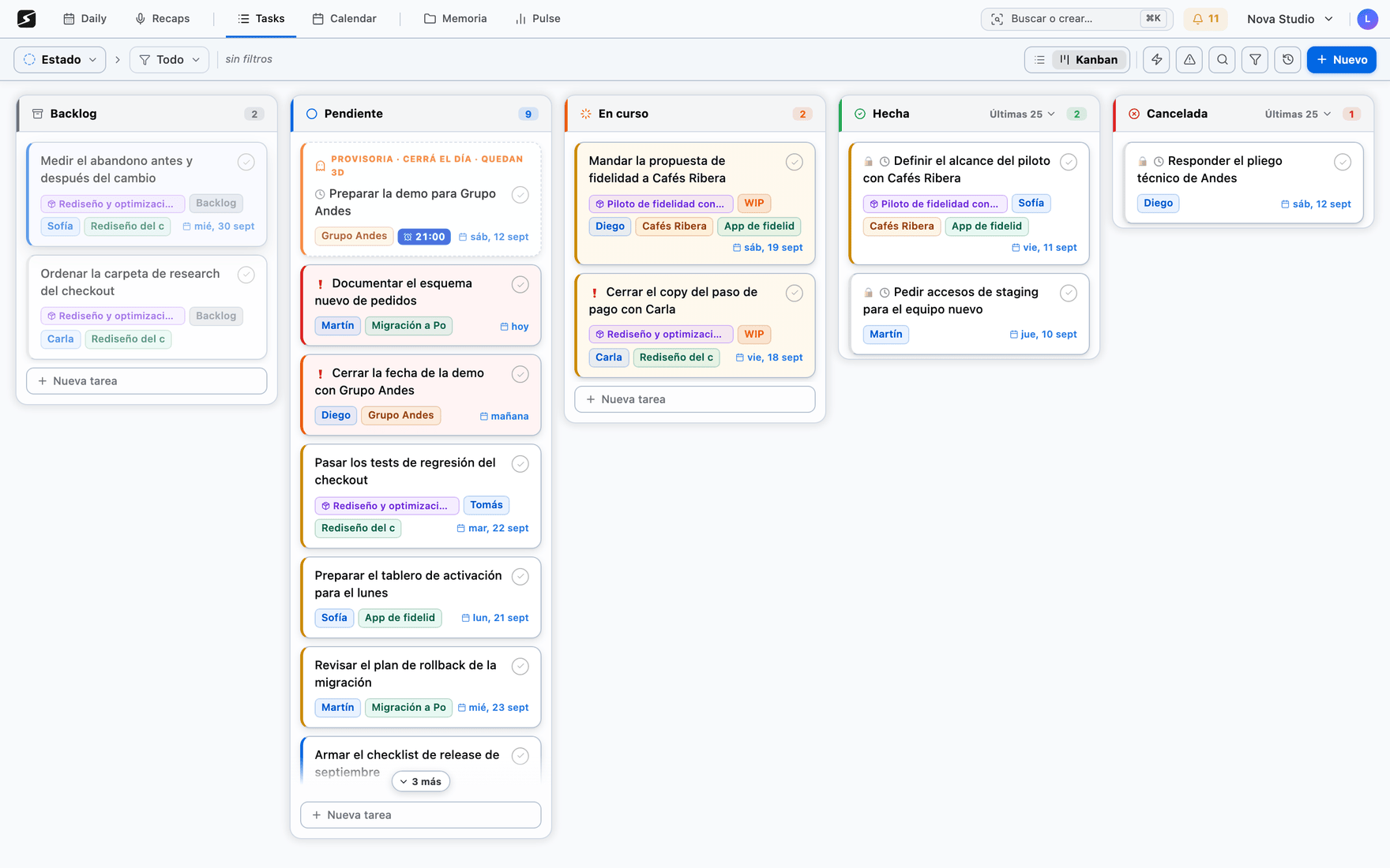 A task board by status, with its columns and cards