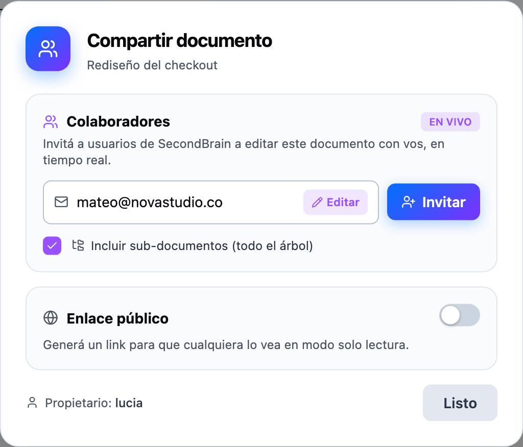 A document's share panel, with the email typed in and the tree checked